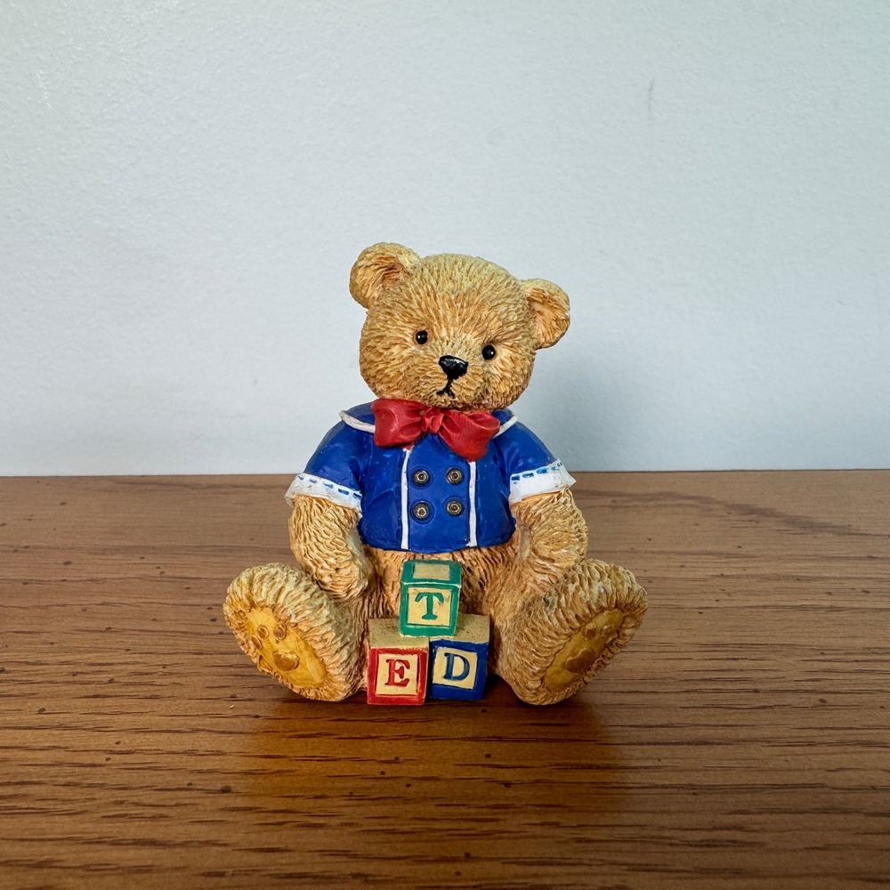 Vintage 1995 Bronson Collectibles Teddy Bear Figurine Blue Jacket ABC‎ Blocks